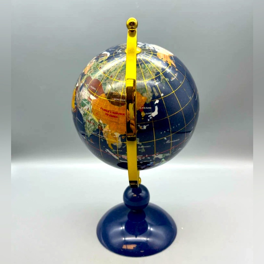 Vintage Lapis Lazuli & Inlaid Semiprecious Stones Desktop Globe - Picture 2 of 7